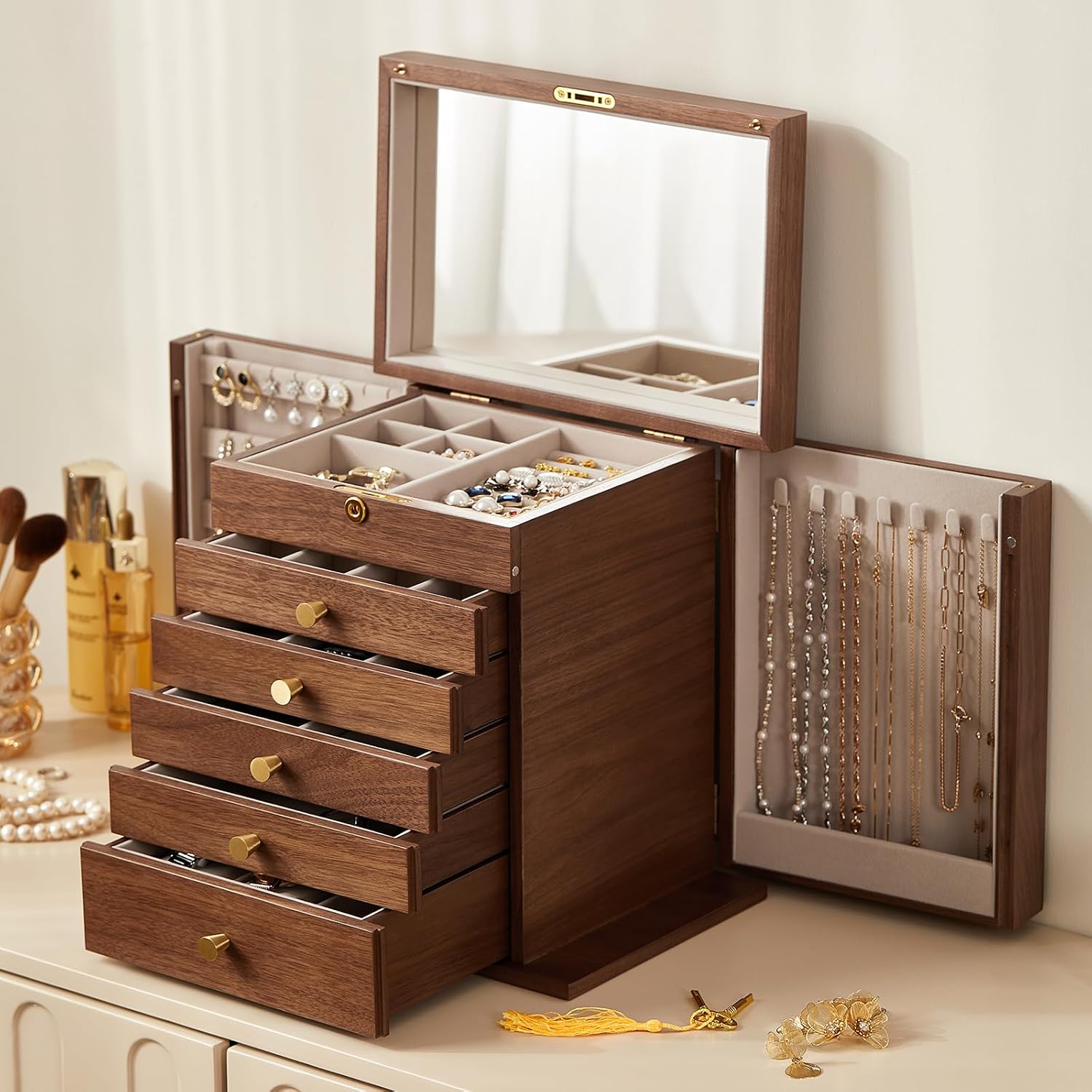 Walnut Finish Wooden Jewellery Box with Mirror and Lock