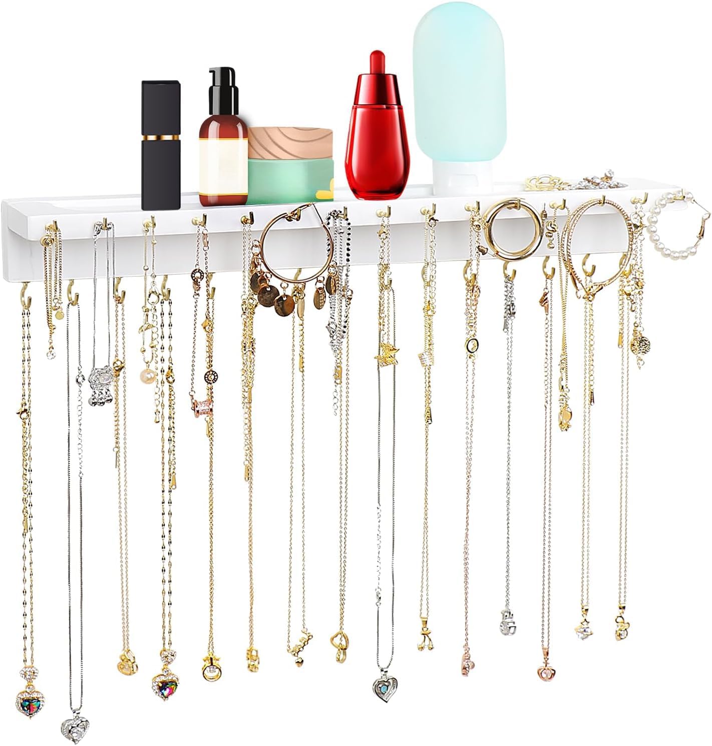 Wall Mounted Necklace Organiser with Shelf, 30 Hooks