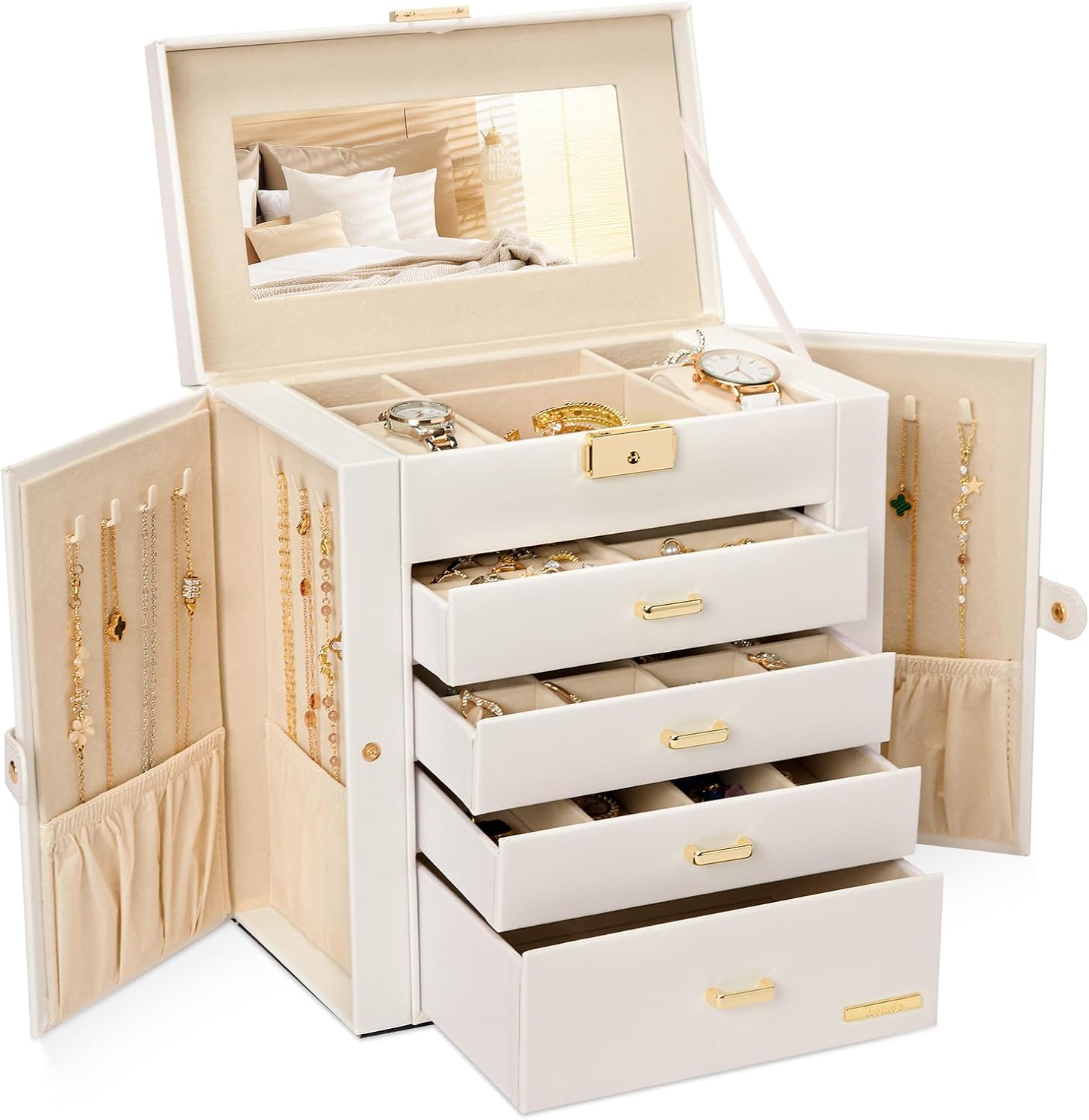 Large Wooden Jewellery Storage Box with Five Drawers and Lock