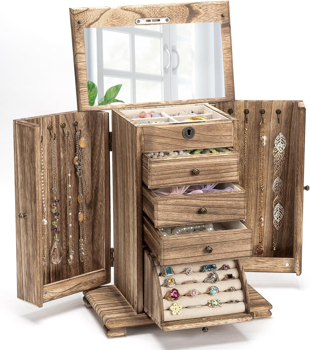 Wooden Jewellery Box Mirror - Wooden Jewellery Box with Mirror and