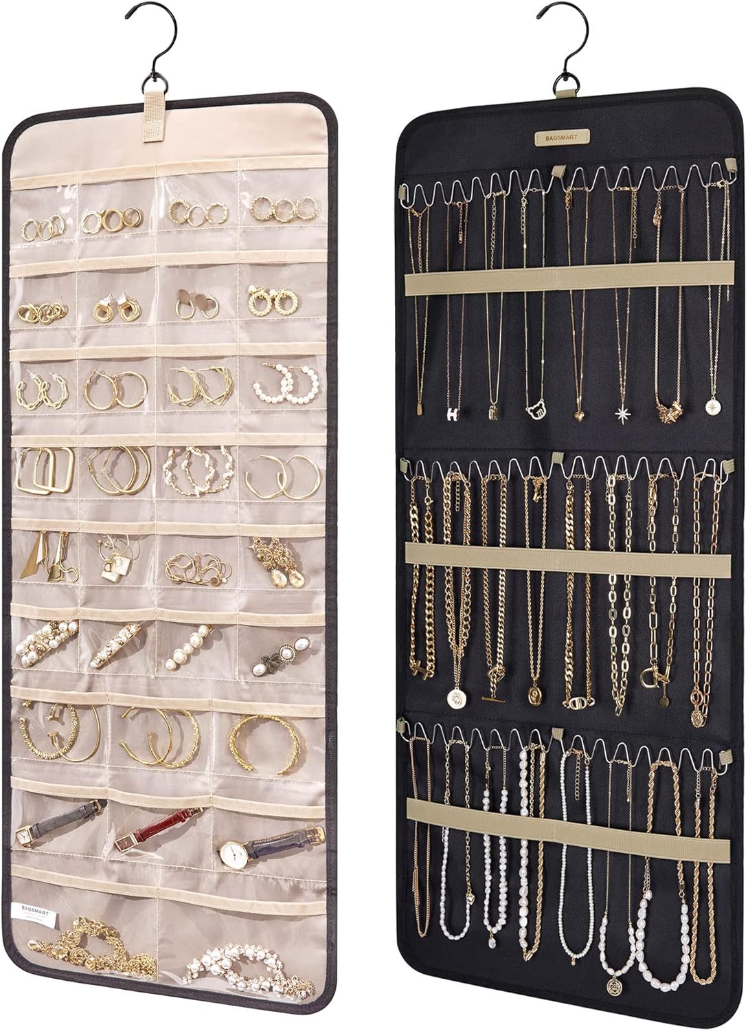 Hanging Jewellery Organiser, Two-Sided, Black Fabric