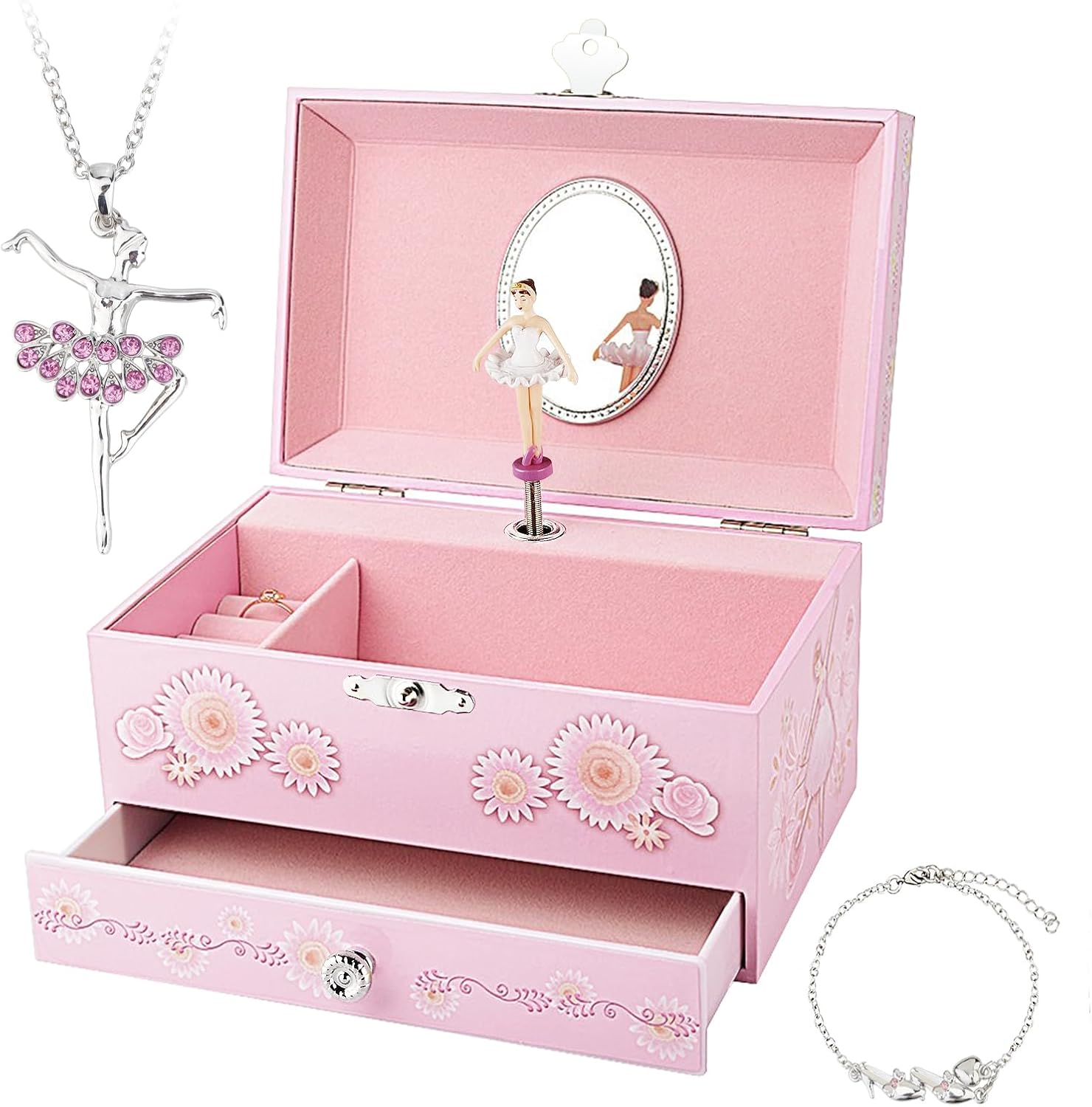 Pink Musical Jewellery Box with Ballerina and Drawer