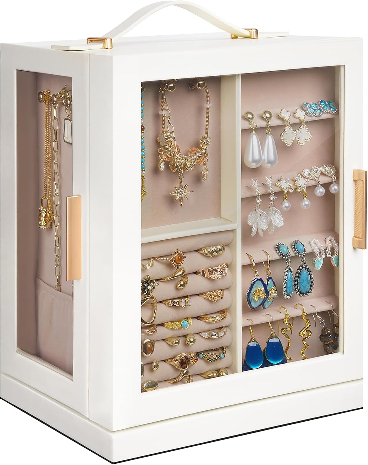 Rotating Jewellery Box with Handle, 5 Drawers, Large Rotating Jewellery Organiser