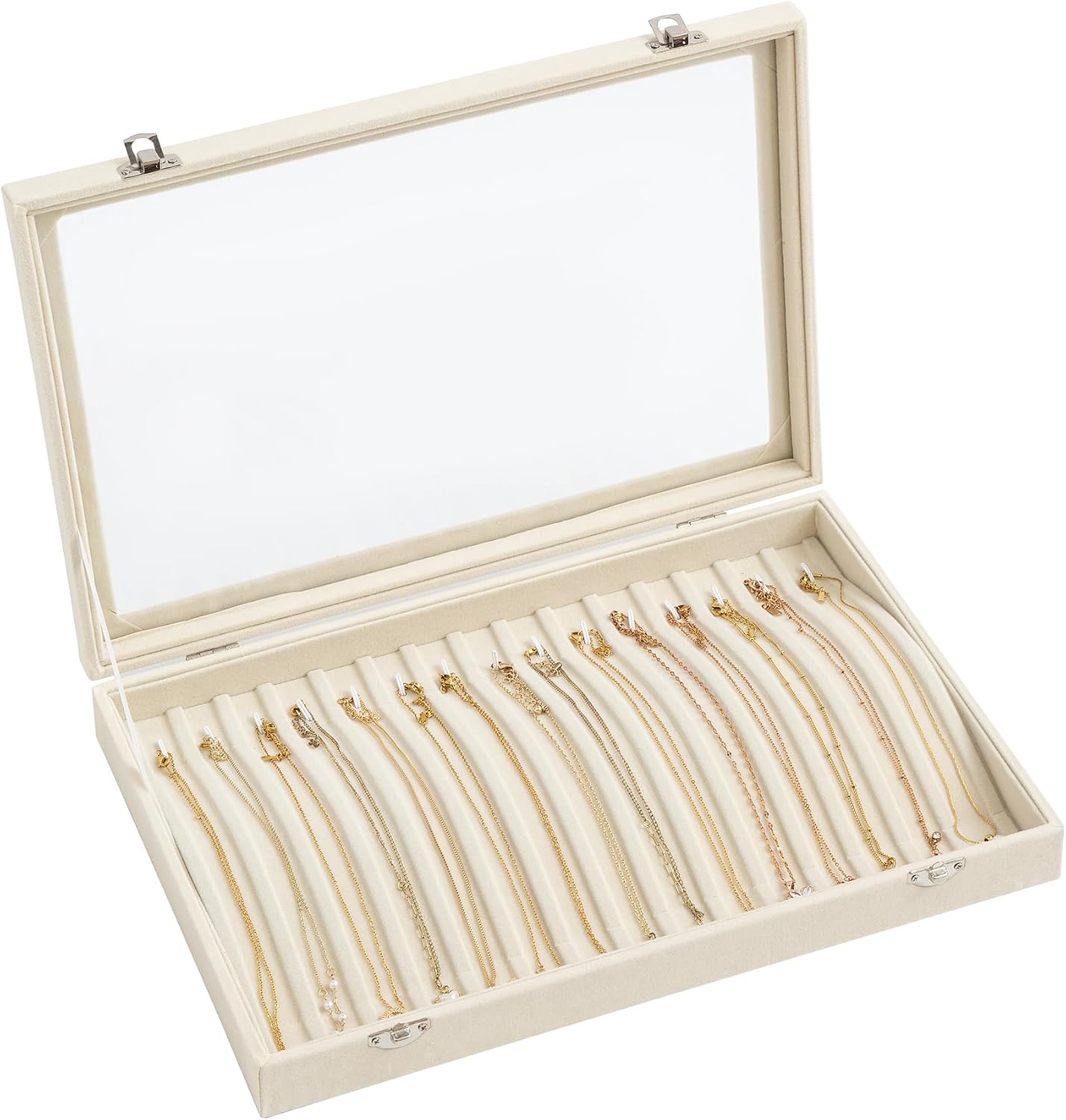 Velvet Necklace Holder Tray with Lid, 15 Hooks